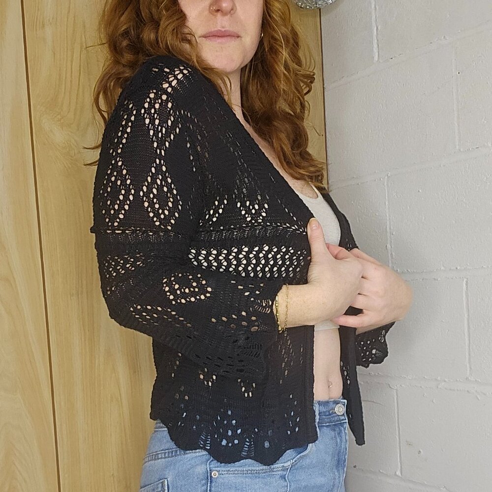 y2k Goth Ren Fair MotoBoho Black Knit Open Summery Layering Cardigan Cover-up